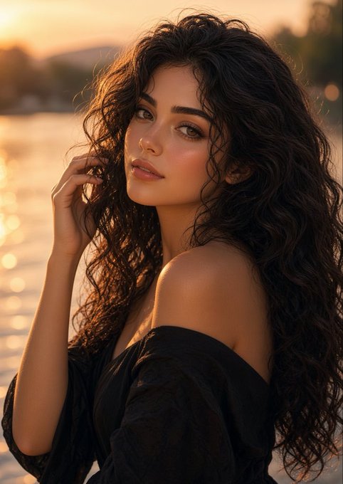 A woman with long, voluminous dark curly hair poses against a sunset over water, wearing a black off-the-shoulder top with warm golden light illuminating her face.