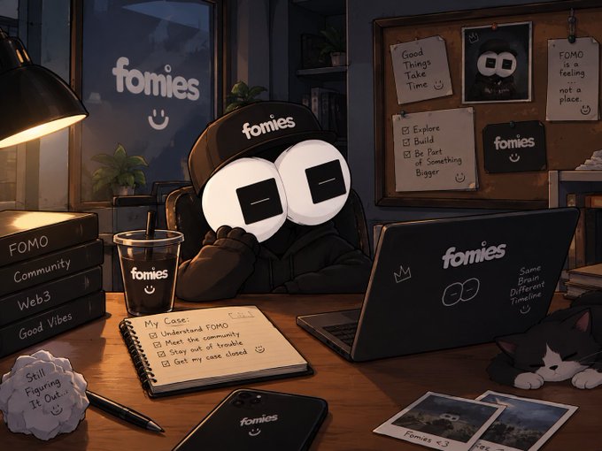 A stylized dark illustration of a character at a desk with 'fomies' branding, featuring a checklist titled 'My Case' with items like 'Understand FOMO' and 'Get my case closed,' surrounded by books, a laptop, and a cat.