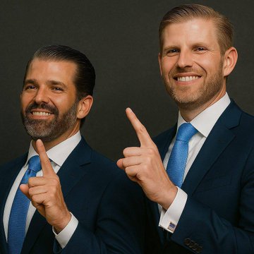 Donald Trump Jr. and Eric Trump, both dressed in navy suits and blue ties, smile and point their index fingers upward in a posed photograph, tying into the post about their World Liberty Financial venture delaying its Maldives resort token sale due to regional travel disruptions from the Iran conflict.