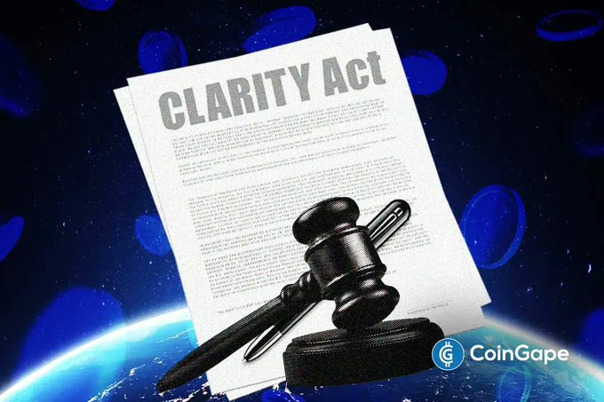 A judge's gavel rests on a document labeled "CLARITY Act" against a cosmic backdrop of floating blue coins and Earth, symbolizing the imminent U.S. Senate floor vote on the CLARITY Act as noted by former CFTC Commissioner Summer Mersinger, with ethics provisions remaining the key hurdle before final passage.