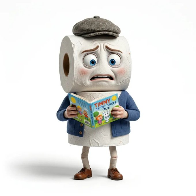 The image features a cartoon character, likely a paper towel or toilet paper roll, dressed in a blue jacket and hat with brown shoes. The character appears to be reading a book titled "Timmy's Tales of the Toilet Bowl". The caption reads "He bought? Dump it!". This suggests that the character is promoting an idea related to the post about throwing away old or used toilet paper rolls, possibly as part of a humorous campaign or advertisement.