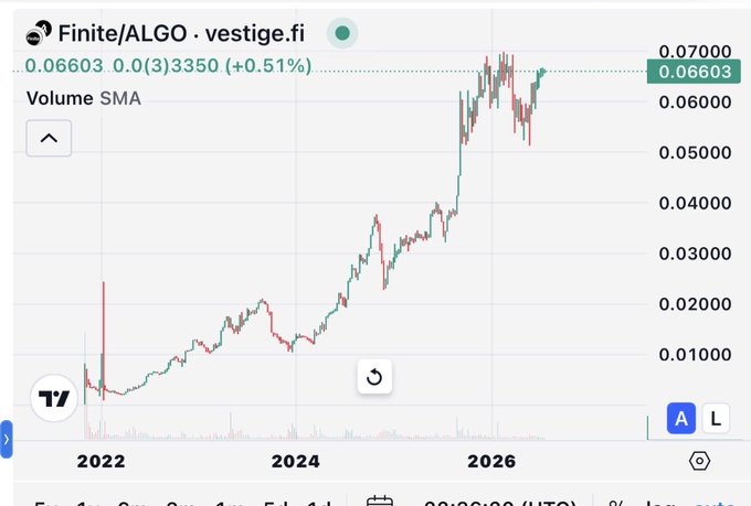 A TradingView chart showing the price of Finite/ALGO token (vestige.fi) at 0.06603, up 0.51%, with a logarithmic scale displaying price action from 2022 to 2026.