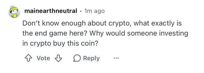 A Reddit comment from user 'mainearthneutral' posted 1 hour ago asking: 'Don't know enough about crypto, what exactly is the end game here? Why would someone investing in crypto buy this coin?'