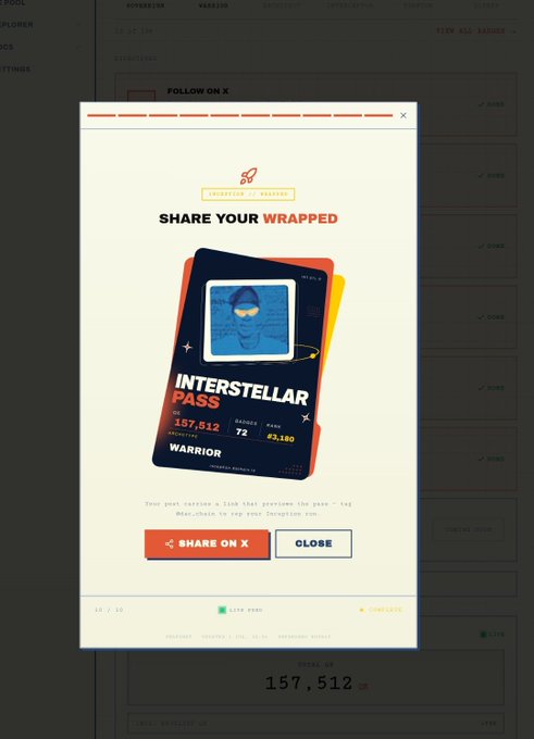 A 'Share Your Wrapped' popup from a crypto NFT platform showing an 'INTERSTELLAR PASS' card with rank 72, pass 157,512, and XP 3,180, along with 'Share on X' and 'Close' buttons.