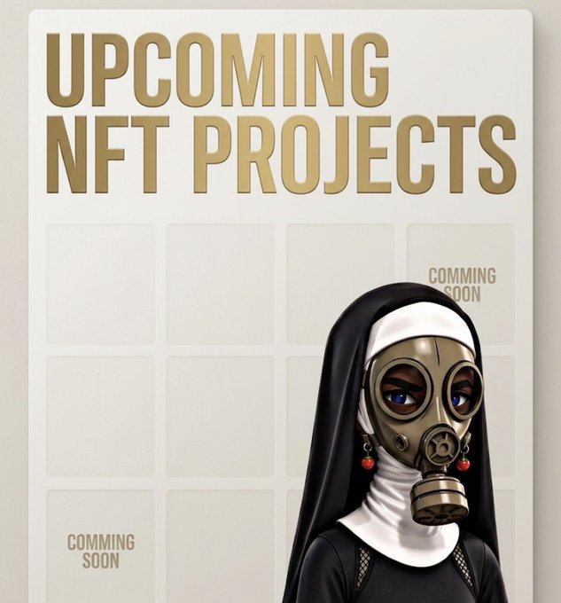 A character wearing a nun-like hood and a gas mask appears on a beige "Upcoming NFT Projects" graphic featuring a grid of empty placeholder slots marked "Coming Soon," teasing the list of tagged NFT projects highlighted in the post.