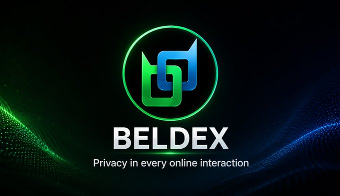 The image displays the Beldex logo, featuring a stylized green and blue interlocking design within a circular emblem, set against a dark background with green and blue wave-like particle effects. Below the logo is the bold text "BELDEX" followed by the tagline "Privacy in every online interaction," which aligns with the post's focus on Beldex (BDX) and its cross-chain bridging capabilities between its native network and Binance Smart Chain (BSC).