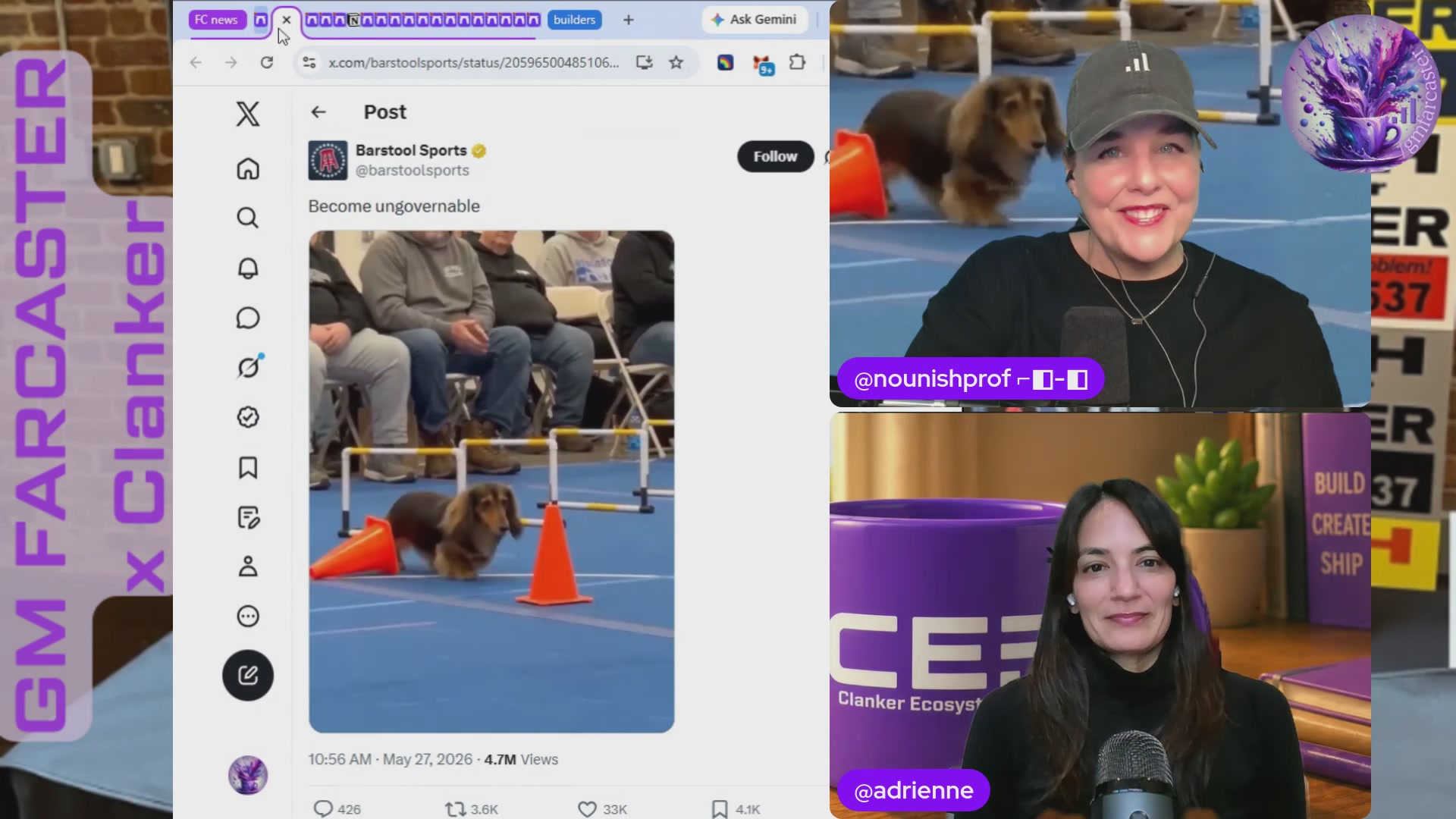 The image shows a computer screen displaying two photos of dogs participating in an obstacle course, with people watching them from behind barriers. The first dog is brown and white, while the second one has black fur. A person wearing a purple shirt can be seen sitting on a chair near the dogs' positions. In addition to these elements, there are several other objects present in the scene such as chairs, potted plants, and books.

The post includes text that reads "GM Farcaster ep367 @farcaster_xyz and @clanker_world news plus @gmfarcaster announces CEF round 1 grants". This suggests that there might be a competition or event related to dog agility courses taking place, possibly involving dogs from different breeds. The post also mentions the names of two people who are watching the dogs in action.