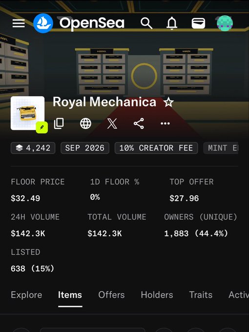 OpenSea NFT collection page for 'Royal Mechanica' showing a floor price of $32.49, 24H volume of $142.3K, and 638 items listed.