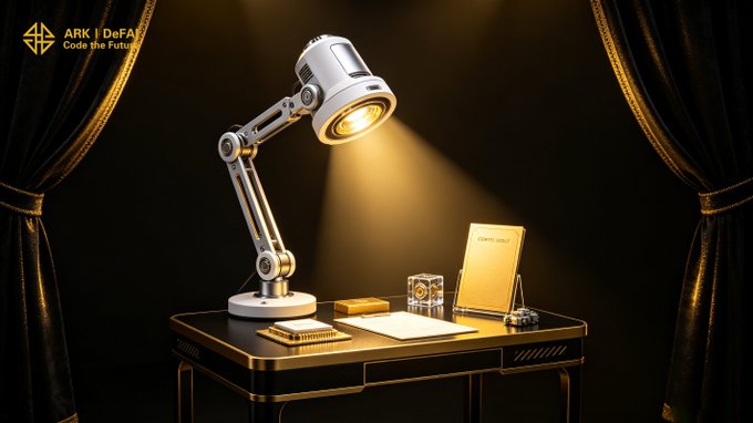 A sleek white robotic desk lamp illuminates a curated workspace featuring a glowing tablet and small tech components, framed by dramatic gold curtains. In the top left corner, the "ARK | DeFA - Code the Future" logo appears, visually reinforcing the post's message of ARK's AI-powered technology quietly executing complex tasks without fanfare.