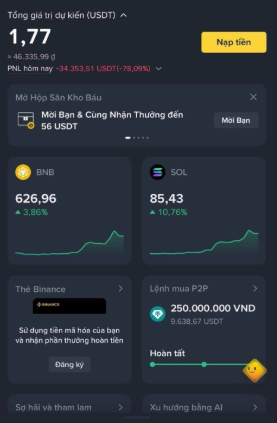 A screenshot of a cryptocurrency trading app in Vietnamese showing a total value of 1.77 USDT with BNB at 626.96 and SOL at 85.43, featuring a P2P trading limit of 250,000,000 VND.