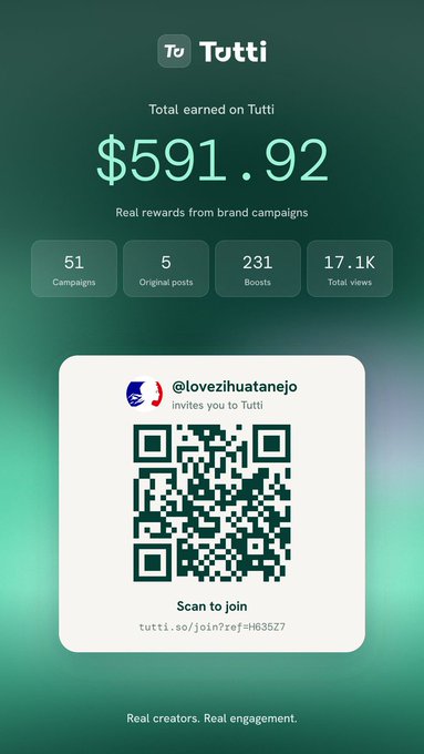 A green Tutti rewards screen reads 'Total earned on Tutti $591.92,' with 51 campaigns, 5 original posts, 231 boosts, and 17.1K total views, plus a QR invite for '@lovezihuataejo.'