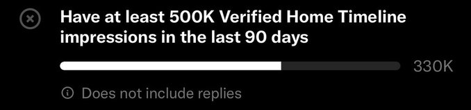 The image shows an X/Twitter requirement meter indicating "Have at least 500K Verified Home Timeline impressions in the last 90 days," with the user currently at 330K (not yet qualifying). The poster's caption "Did I catch him yet?" humorously refers to themselves in third person, expressing curiosity about whether they've reached the 500K impression threshold needed for verification or monetization eligibility.