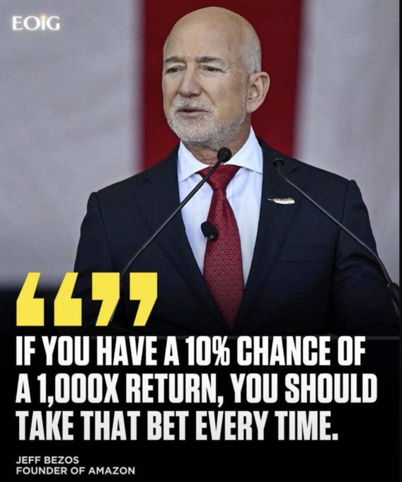 Quote graphic from EOIG featuring Jeff Bezos, Founder of Amazon, stating: "If you have a 10% chance of a 1,000x return, you should take that bet every time."