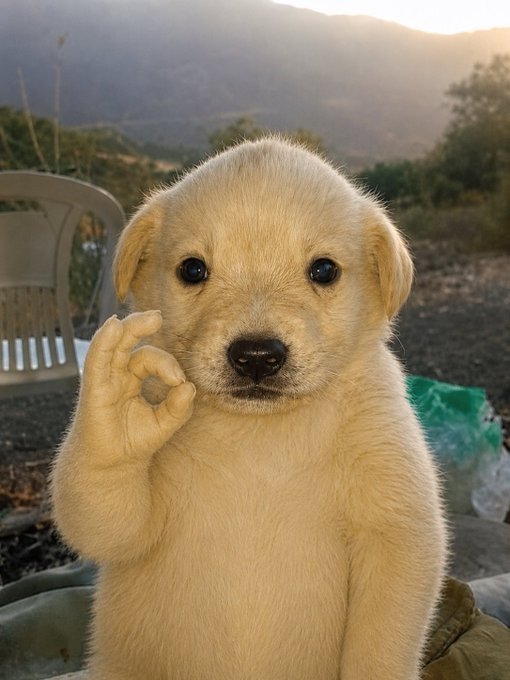 An adorable cream-colored puppy holds up its paw in an 'okay' gesture, photographed outdoors with mountains visible in the background.
