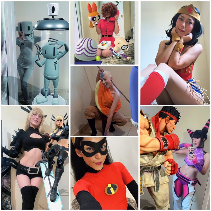 A collage of six cosplay photos featuring various characters, including figures resembling Awaken Team robots, The Powerpuff Girls, Wonder Woman, a banana-costumed character, and Street Fighter's Ryu and Juri.