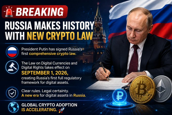 This image depicts President Putin signing Russia's new comprehensive crypto law, effective September 1, 2026, and highlights global crypto adoption accelerating. It includes imagery of the Russian flag, the Kremlin, Bitcoin, and Ethereum.