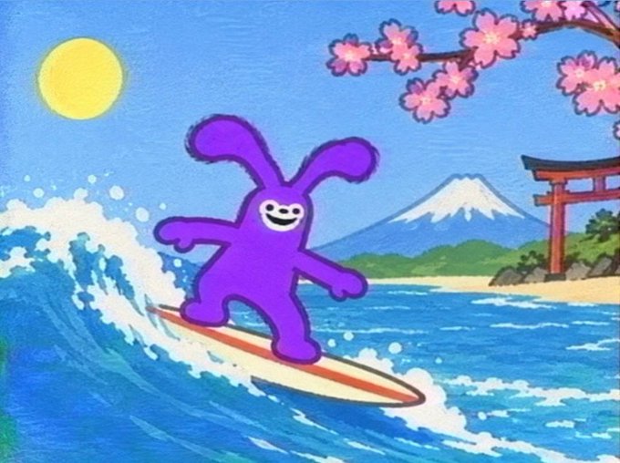 Naive-style painting of a purple bunny character surfing on a wave with Mount Fuji, a torii gate, cherry blossoms, and a yellow sun in the background.