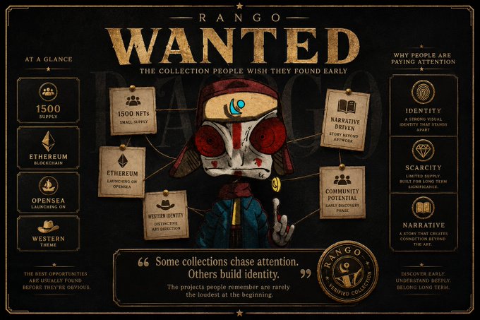 The image depicts a poster featuring an illustration of a character wearing a red shirt, with various words and phrases related to NFTs (Non-Fungible Tokens) displayed around them. The title "RANGO Wanted" is prominently displayed at the top of the poster, along with the phrase "focus on what is in the image and how it relates to RANGO".