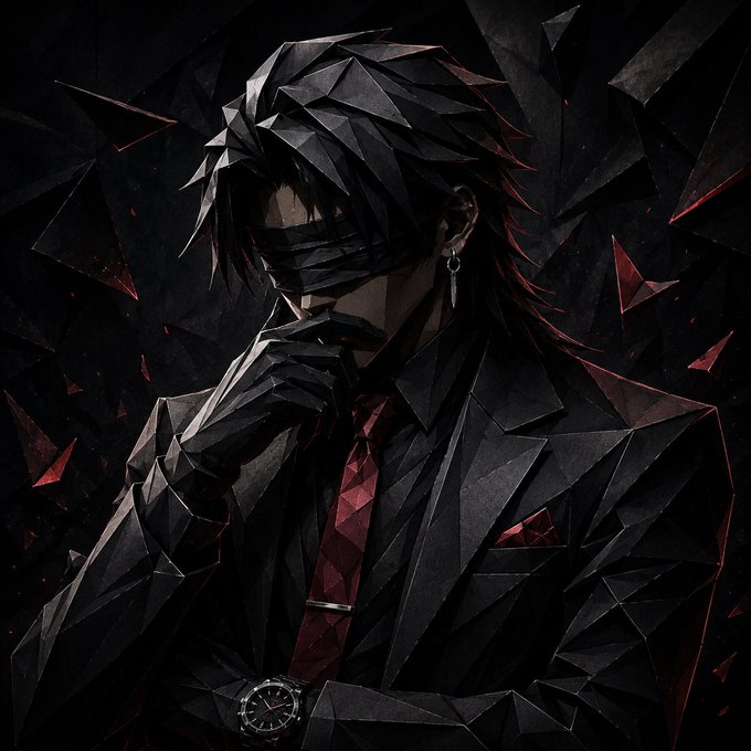 Dark, geometric anime-style illustration of a blindfolded figure in a suit with a red tie, surrounded by black and red shards.