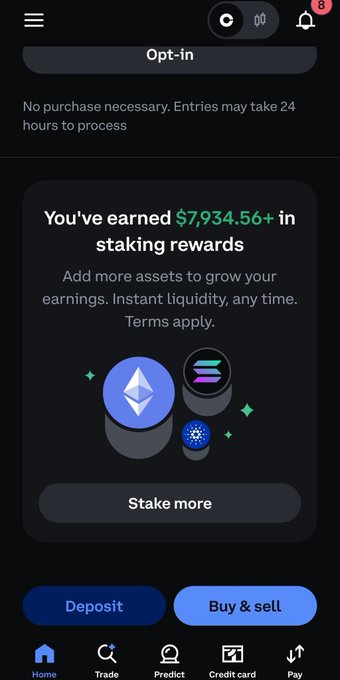 A mobile app screen showing a crypto staking rewards notification that reads 'You've earned $7,934.56+ in stacking rewards' with options to deposit, buy & sell, and stake more.