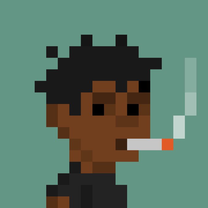 A pixel art illustration depicts a dark-skinned character with black hair smoking a cigarette, with smoke trailing upward against a teal background.