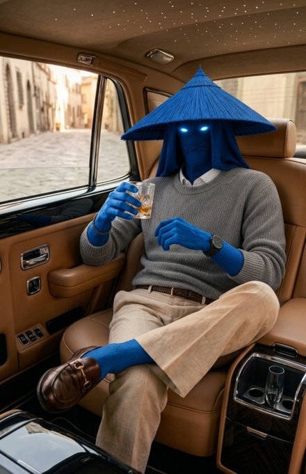 An AI-generated image of a figure with a glowing-eyed, blue face-wrapped head wearing a blue straw hat, grey sweater, and khaki pants, sitting in the back of a luxurious car holding a glass of liquor.