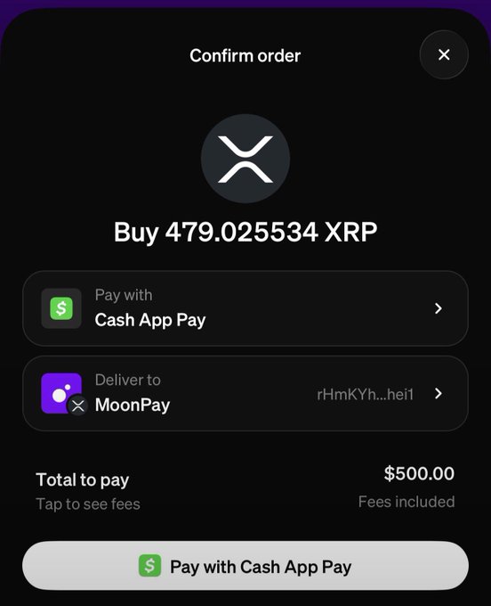 A mobile app screen shows a confirmation prompt to buy 479.025534 XRP for $500.00 via Cash App Pay, delivered to a MoonPay wallet (rHmkYh...hei1), directly illustrating the announcement that XRP can now be purchased using Cash App Pay.