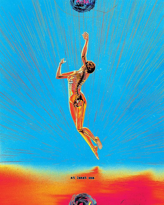 A figure leaps upward with arms raised toward a cosmic orb against a radiant blue background, with the text "at least one" inscribed above a mirrored sphere at the bottom—evoking a hopeful, uplifting "Good Morning" message for the Friday community.