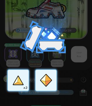 A screenshot of the STEPN app interface displays two earned gem rewards (3 green gems and 1 red gem) over a loot box collection screen. The post relates as the user is showing off daily gem earnings alongside their running stats and in-game outfit upgrade goals.