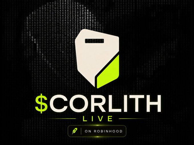 Promotional logo for '$CORLITH LIVE' featuring a white and green geometric shield emblem with the text 'ON ROBINHOOD' at the bottom, set against a dark digital background.