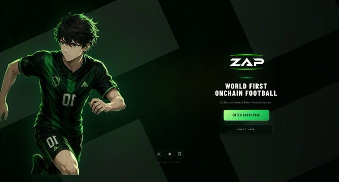 Promotional website for ZAP, advertised as the 'WORLD FIRST ONCHAIN FOOTBALL' platform, featuring an anime-style illustration of a soccer player in a green jersey with the number 01 and an 'ENTER CLUBHOUSE' button.