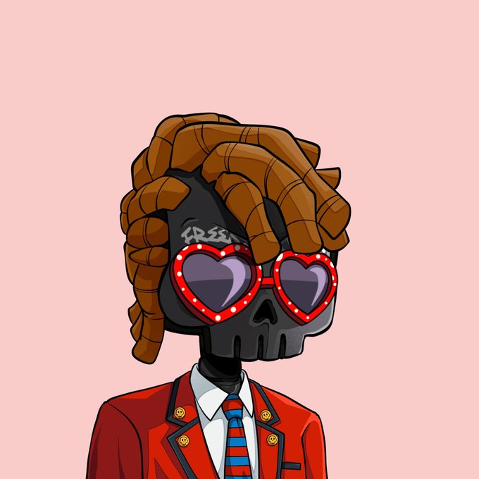An illustration depicts a character with a black skull face, brown dreadlocks, and red heart-shaped sunglasses wearing a red blazer over a blue tie.