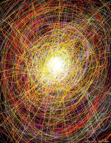 A vibrant abstract digital artwork featuring a chaotic spiral of yellow, red, and purple lines radiating from a bright center.