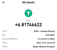 A mobile app screen shows a bill details receipt for a USDT transaction. It indicates an "Other - Airdrop Reward" type with an account balance of "15.44936319 USDT" and a note mentioning the "Bitget Alliance Program".