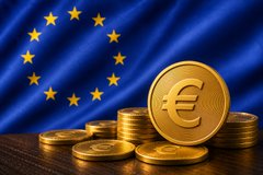 Stacks of gold euro coins in front of the European Union flag.