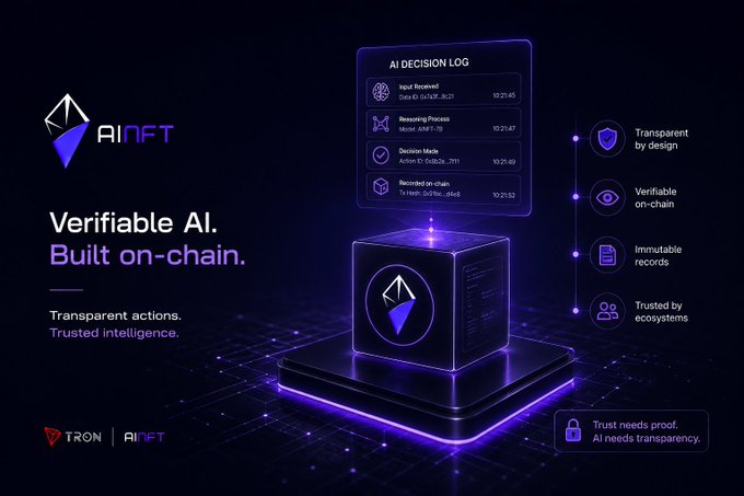 A marketing image for AINFT highlighting 'Verifiable AI. Built on-chain' with transparent actions and trusted intelligence, showcasing an AI Decision Log interface and features like transparent design and verifiable on-chain records.
