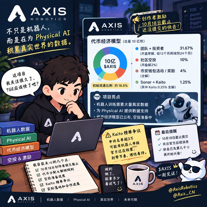 An illustrated promotional graphic for AXIS Robotics featuring a cartoon character at a laptop, detailing a token economic model with a 10亿 ($AXIS) supply breakdown including 31.67% team/investors, 10% community airdrop, and 4% exchange wallet activities, along with Chinese text about Physical AI data.