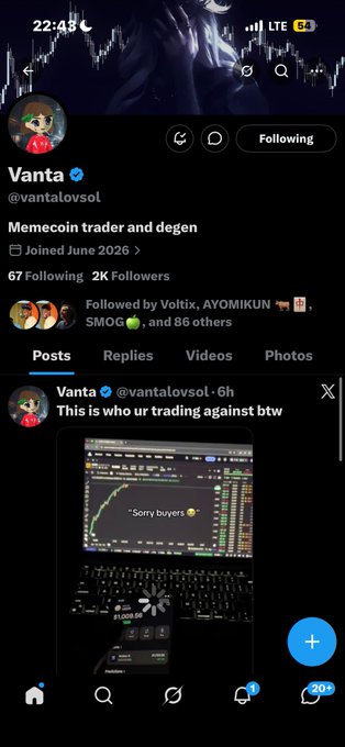 A Twitter/X profile screenshot for 'Vanta' (@vantalovsol), described as a 'Memecoin trader and degen' with 67 Following and 2K Followers, showing a post about trading and a chart screenshot.