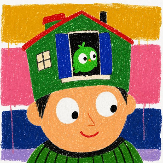 Crayon-style illustration of a smiling boy whose head is a green house with a small green bird perched in the window, set against a colorful striped background.