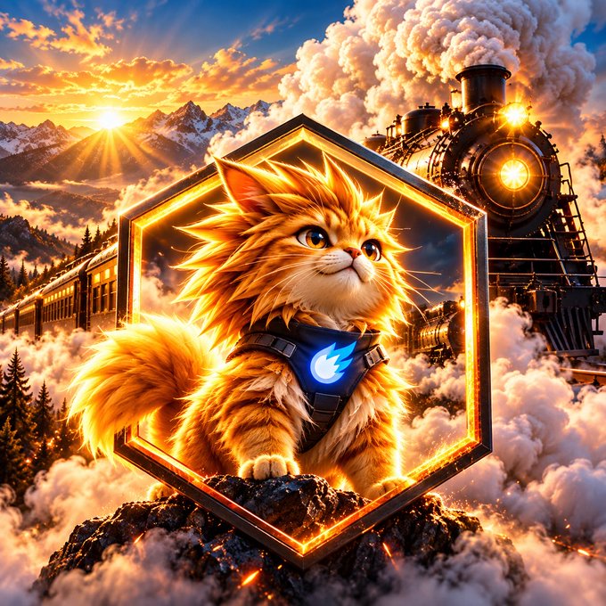 A fantasy-style digital artwork showing a fluffy orange kitten inside a glowing golden hexagonal frame, set against a dramatic backdrop of steam trains, snow-capped mountains, and a sunset sky, with the kitten wearing a harness bearing a blue flame emblem.