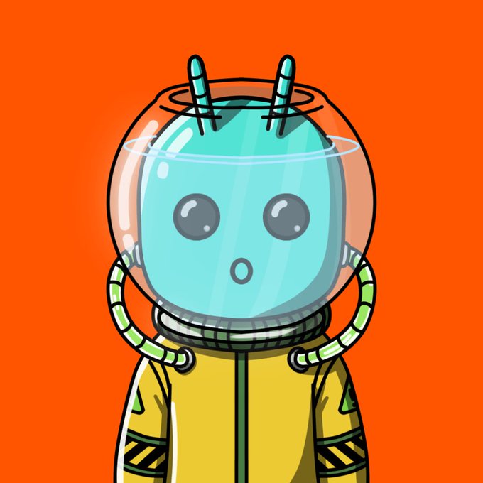 A cartoon illustration of an alien-like character with a glass dome helmet, two antennae, and a yellow hazmat suit against a bright orange background.