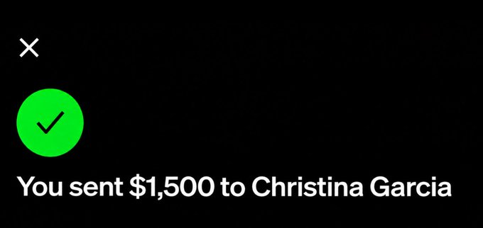 A Cash App confirmation screenshot showing "You sent $1,500 to Christina Garcia" with a green checkmark, serving as proof of payment for the giveaway where likes and retweets entered participants for a chance to win $1,500.