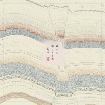 A delicate illustrated landscape of flowing rivers and layered fields, with Japanese text reading 「京の と 晴しるる 七 土包み」 and a red seal.