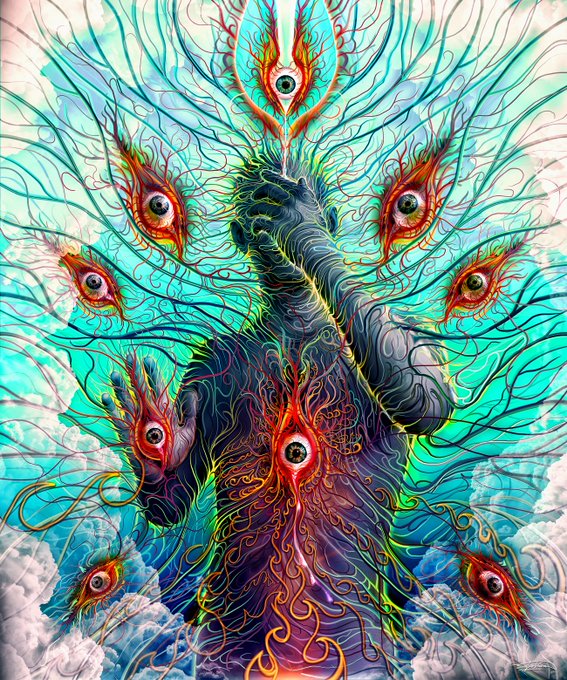 A surreal, symmetrical digital artwork featuring a central peacock-like creature with multiple eyeballs surrounded by red feathered shapes against a turquoise sky with clouds.