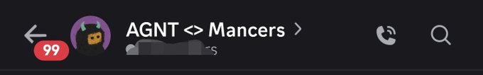 A Discord notification showing a group chat titled "AGNT <> Mancers" with 99 unread messages and 3 active participants, corresponding to the newly launched Discord group for Tuteth collabs with MancerXYZ.
