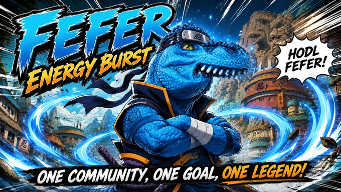 A vibrant promotional graphic features a blue reptilian character wearing a Naruto-style headband, with the text 'FEFER ENERGY BURST', 'HODL FEFER!', and 'ONE COMMUNITY, ONE GOAL, ONE LEGEND!'.