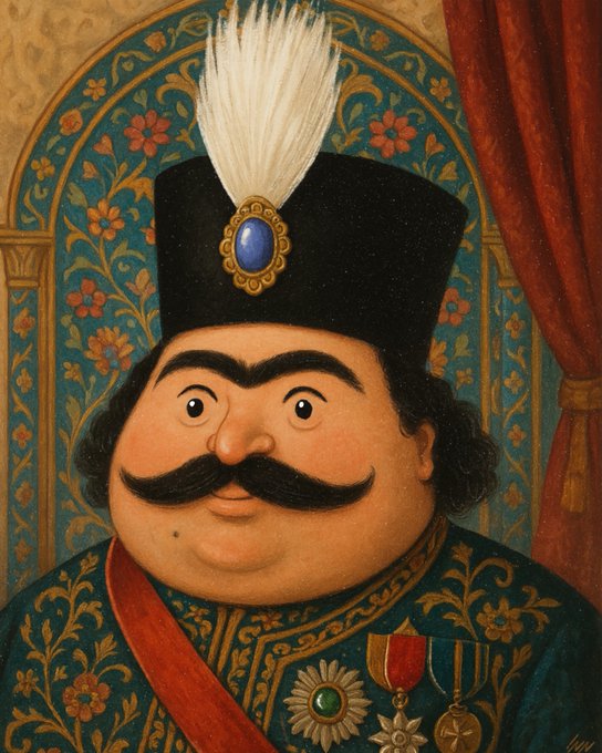A stylized, cartoonish portrait painting of a regal, round-faced figure with a large mustache, wearing a black hat with a feather plume and a decorated green robe with medals.
