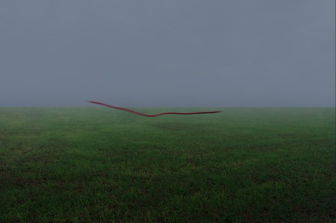 A minimalist landscape rendering shows a flat green grassy field under a gray-blue sky, with a thin red line hovering horizontally across the horizon.