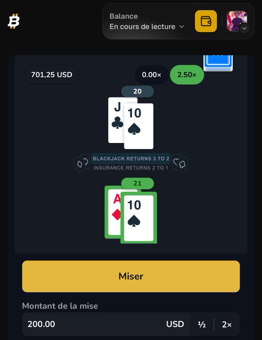 A mobile blackjack game interface showing a balance of 701.25 USD with an active hand featuring a dealer's 20 (J♣, 10♠) against the player's perfect 21 (A♦, 10♠), displaying a 2.50x payout and a "Miser" (Bet) button with a 200.00 USD wager. The image relates to the post by illustrating the user's request for their first 200 USD, matching the bet amount shown at the bottom of the screen.
