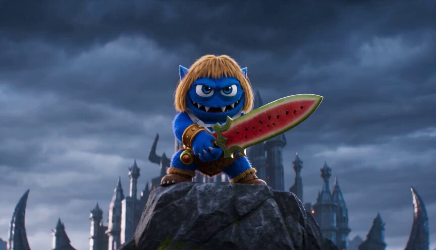 The image features a blue monster with blonde hair holding a sword, standing atop a large rock formation. In the background, there are several castle-like structures that add an element of fantasy to the scene. The caption "That moment right after you buy some $Metal Monster" suggests that this is likely from a video game or animated movie featuring the blue monster character.